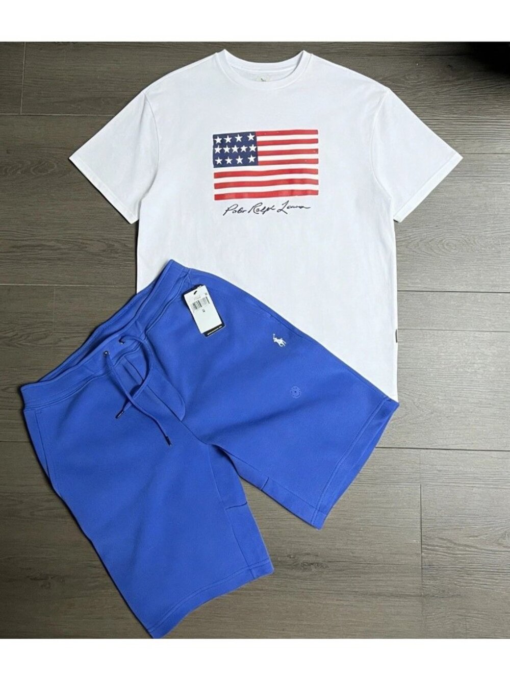 Men’s Polo Ralph Lauren White Shirt And Blue Shorts Tracksuit Set (S)
